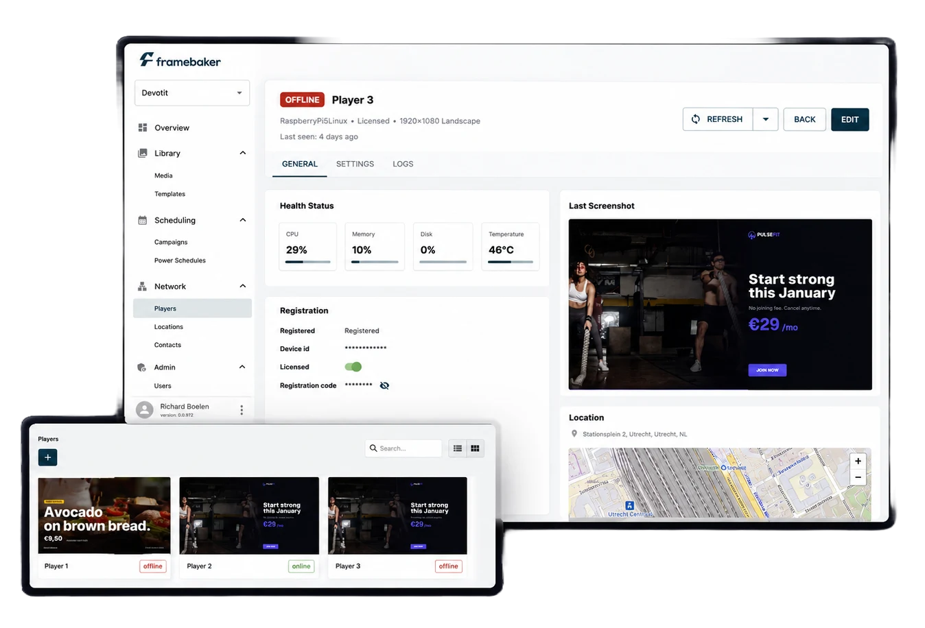 Framebaker platform — player status, health and screenshot overview
