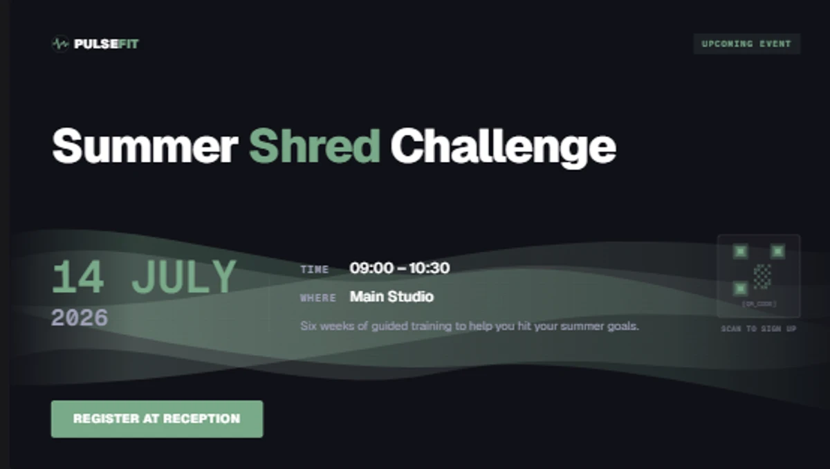 Announcement and Event template on a digital signage display showing several upcoming events with dates and descriptions inside a fitness studio