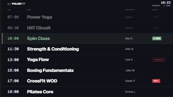 Fitness studio class schedule digital signage template