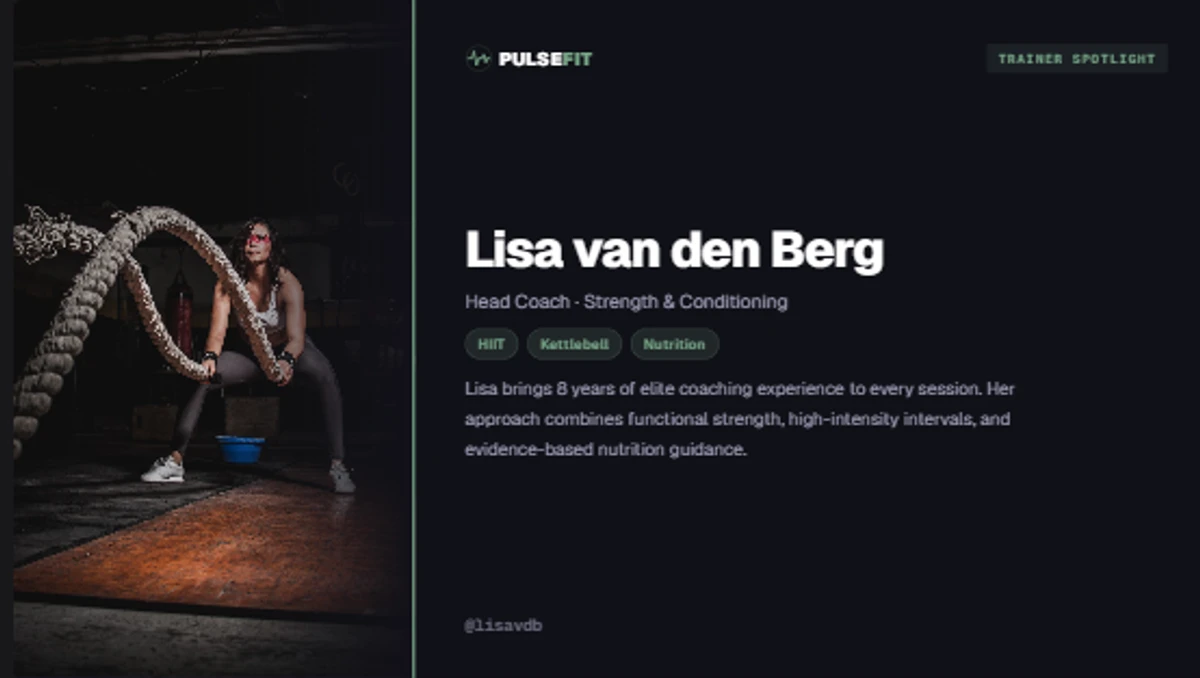 Trainer Spotlight template on a digital signage display showing a coach profile with photo, name, speciality and short introduction inside a fitness studio
